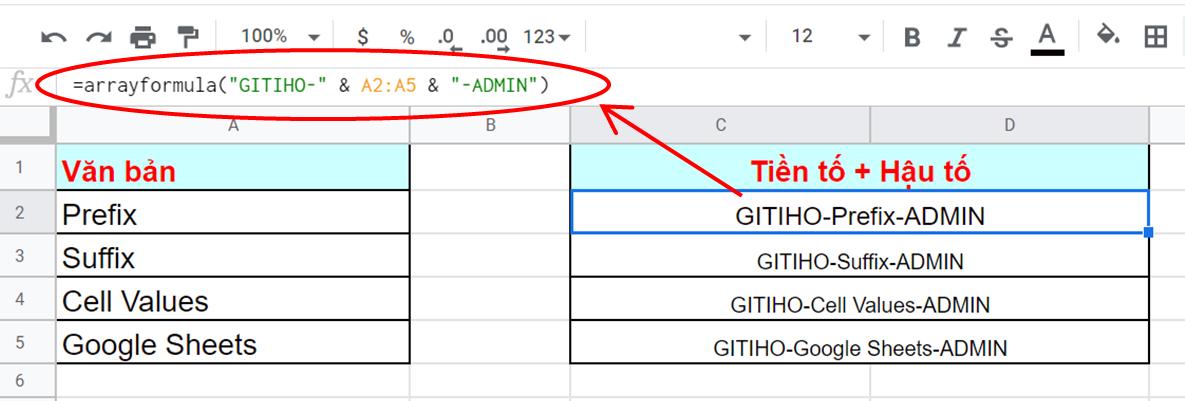 Hướng dẫn thêm tiền tố/hậu tố vào ô trong Google Sheets